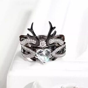 Deer Antler Ring Set | 1.25 CT Heart Shape Moissanite & CZ Ring Set | Size 7